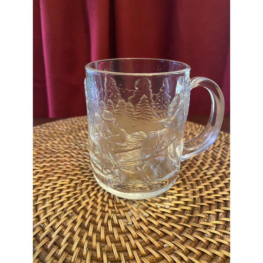 MCM Vintage 1 Luminare Emboss Glass Mug Cup, "Holiday sleigh ride in the woods"‎